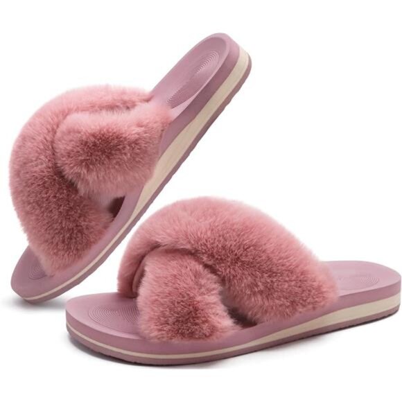 COFACE Womens Fuzzy Slides Fluff Faux Fur Cross Slippers Open Toe Yoga Mat - Picture 2 of 7